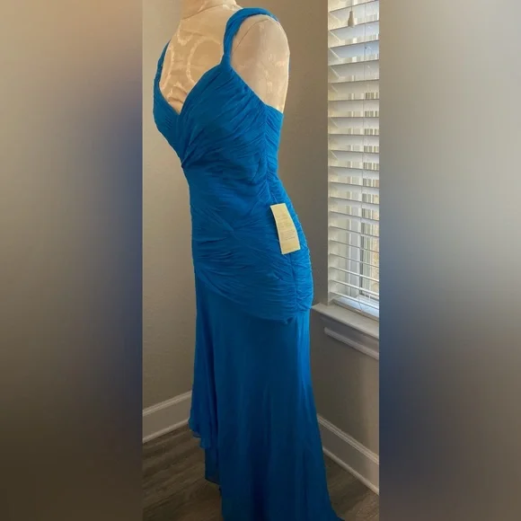 NWT, Designer 100% Silk Chiffon Blue Hi Lo Hem Evening Gown Dress, Size 8 - Picture 5 of 16